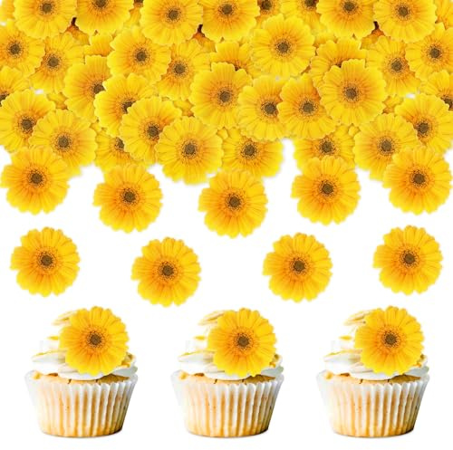 Blumomon 40Pcs Daisy Flowers Cupcake Toppers - Edible Daisy Cake Topper Decoration Picks for Wedding, Baby Shower, Party, Anniversary & Birthday Cakes