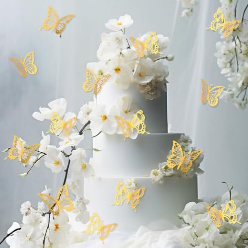 48 Stück 3D Tortendeko Schmetterling Gold Schmetterlinge Deko Schmetterlinge Deko Torte 8 Größen Wandaufkleber Schmetterling Geeignet für Klassenzimmer, Hochzeit, Blumenstrauß Dekoration
