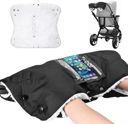 Kinderwagen Handwärmer, Universalgröße Handschuhe Kinderwagen mit Handytasche, Kinderwagenmuff mit Warm Flanell, Stroller Handmuff Wasserdicht und Winddicht, Zubehör für Kinderwagen Buggy (Schwarz)