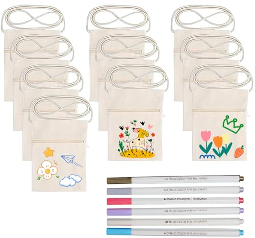 Buaak 16 Stück Stoffbeutel zum Bemalen Set, 10 Beutel zum Bemalen, Mit 6 Stück Graffiti-Stift, DIY Umhängegeldbeutel, Stoffbeutel Klein, Brustbeutel Mädchen für Schule, Party, Feier (13 x 17 cm)