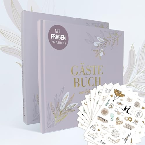 colortouch Gästebuch Hochzeit mit Fragen 104 Seiten zum Ausfüllen, Aufkleber Hochzeit, Hochzeitsbuch mit Hardcover für schöne Erinnerungen, Sticker Gästebuch (325 Motive), Vintage Herz Hochzeitsdeko