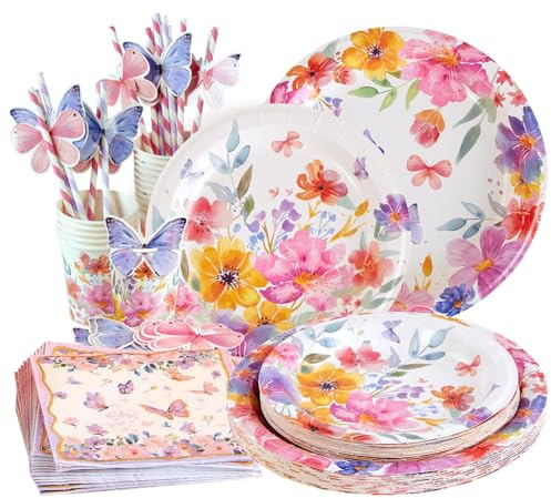 EASY JOY 80Pcs Wildflower Butterfly Party Tableware Sets with Floral Paper Plates, Cups and Napkins for Girls Spring Birthday, Baby Shower, Tea Party Decorations (16 Guests)