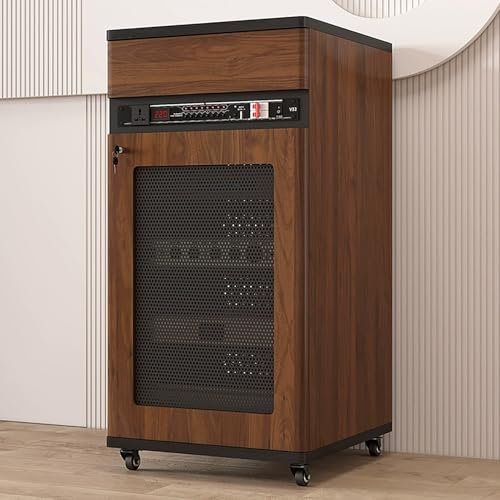 JIAOCKJIAO Phonoschrank, Stereoschrank mit Schublade, Audio Rack Hi Fi Regal mit Kabelloch, Bewegliches Record Player Stand mit Türschloss, mit Verstellbaren Regalen(Brown,52x55x108CM)
