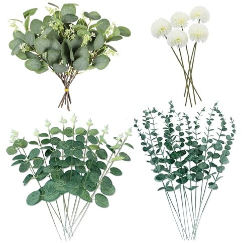 30 Stück Künstliche Eukalyptus und Kunstblumen, Eukalyptus Deko Künstliche Zweige Künstlich Dekozweige Kunstpflanzen Grün Blätter für DIY Blumenstrauß Brautstrauß Hochzeit Tischdeko