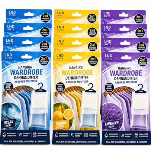 LND Gifts Set Of 12 Scented Hanging Wardrobe Dehumidifiers - Dehumidifier For Bedroom, Dehumidifiers Disposable, Dehumidifier Bags, Lavender, Ocean, Lemon Scents