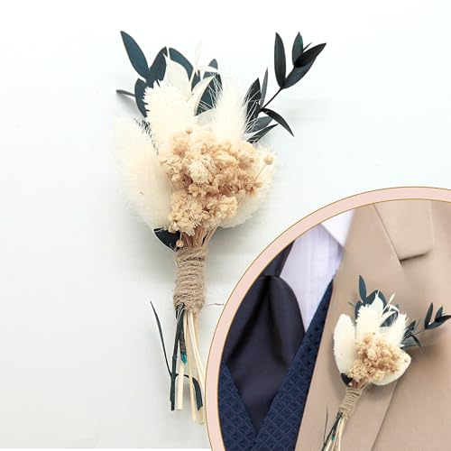 Boutonnière Mariage Homme Fleurs séchées préservées Vert Blanc Beige Eucalyptus Gyspsophile - Petit Bouquet sur Support magnétique aimanté - Corsage marié témoins Broche (Blanc Vert)