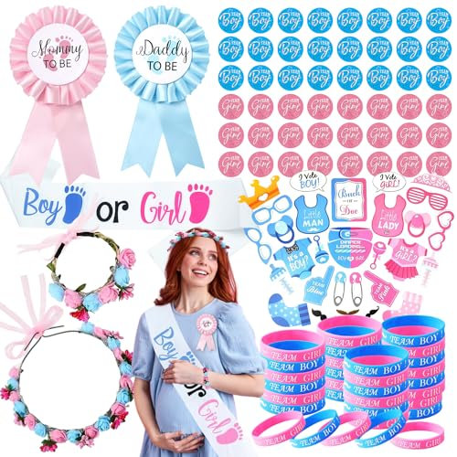 Gender Reveal Party Set 107pezzi, Gender Reveal Party Decorazioni, Braccialetti per Baby Shower, Adesivi Baby Shower Genere Rivelare, Kit Gender Reveal Party per Anniversario Nascita Festa