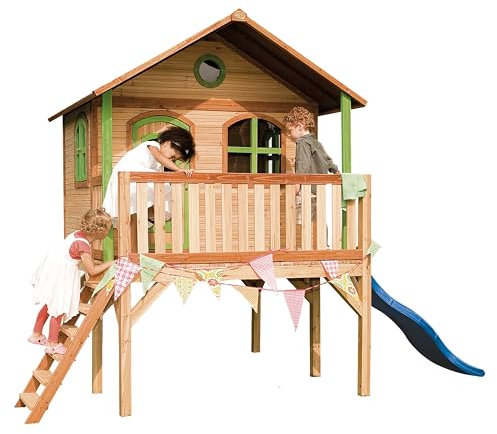 AXI Sophie Casa Bambini con pavimento & scivolo blu | Casetta da interno/esterno in legno FSC marrone e verde | Attrezzatura ludica per bambini