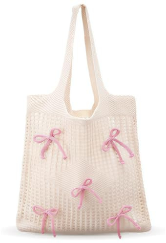 Yamobi 1 pieza bolsa de crochet con lazo rosa, gran bolso estético para playa de mujeres, bolsa ligera tejida ideal para día a día, compras y vacaciones