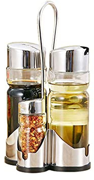 TFixol Gewürzflaschen-Set, Gewürzhalter, Gewürzregal, 4-in-1-Öl-Essigspender, Salz- und Pfefferstreuer, Glas, Menage-Set mit praktischem Behälterständer, Edelstahl-Tops, silberfarben