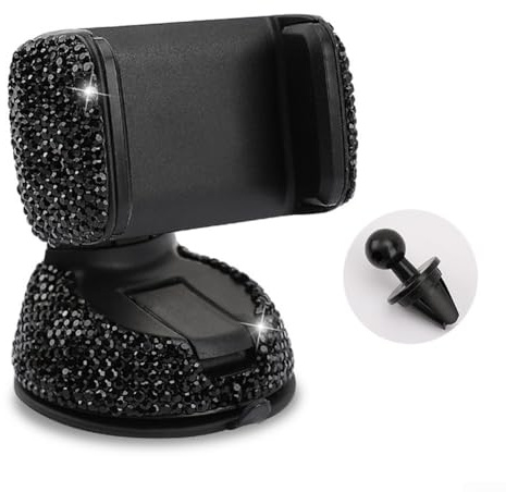 Supporto per telefono da auto con strass di cristallo per cruscotto e presa d'aria, design robusto con base adesiva per un facile accesso al tuo smartphone (nero)