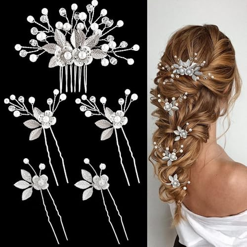 XFSRG 5 Pezzi Accessorio per Capelli Decorazioni Capelli da Sposa Pettinini con Strass Perle Accessori Capelli da Cerimonia Adatto per Le Donne (Argento)