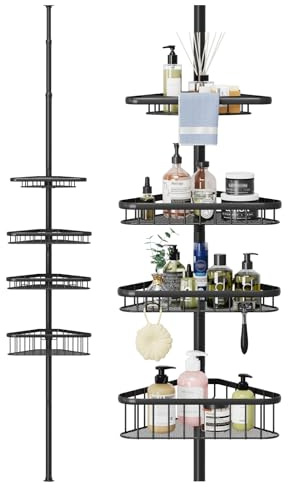 Dripex 4 Tier Shower Caddy, Rust-Proof No Drilling Telescopic Organiser Bathroom Shelves Adjustable Corner Storage Rack with Basket 98CM-287CM (Black)