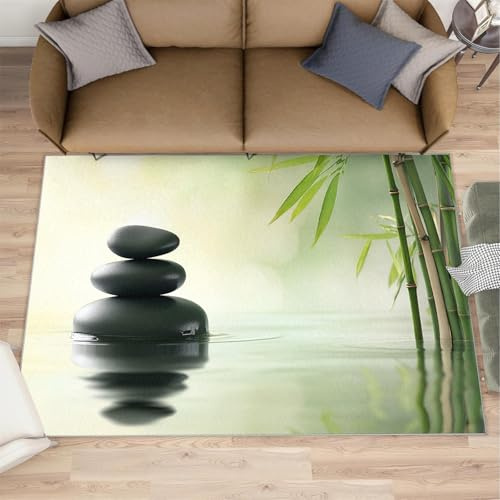 XEODIAT Zen Bambus-Teppiche für Schlafzimmer, 140 x 200 cm, schwarze Kieselsteine, Wohnzimmerteppich, wasserreflektierend, rutschfest, für Esszimmer, leicht zu reinigen