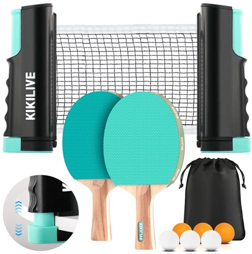 KIKILIVE Tischtennis Set mit ausziehbarem Netz, 2 Schlägern, 6 Bällen und Tragetasche – das tragbare Set für Indoor und Outdoor, ideal für Familie, Freizeit und Training