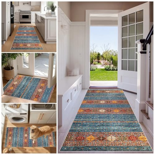 Murzoeky Vintage Alfombras de Pasillo Larga Alfombra Cocina Antideslizante Lavable Alfombra Entrada 40 x 60 cm Alfombras de área Absorbente Alfombra de Corredor Alfombrilla para Dormitorio Comedor