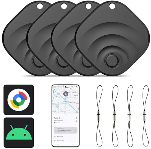 Reyke Smart Tag, kompatibel mit Google Find Hub, Android, Schwarz, 4er-Pack | Bluetooth-Tracker für Schlüssel, Geldbörse, Tasche und Gepäck; kompatibel mit Google Find Hub auf Android-Geräten.