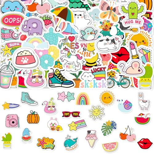 Waterproof Vinyl Stickers with Cute Colourful Kawaii Designs - 200 Pcs DIY Craft Decals for Scrapbooking Laptops Water Bottles Kids Personalisation Vehicle Cars Trucks and Smooth Surfaces Decoration