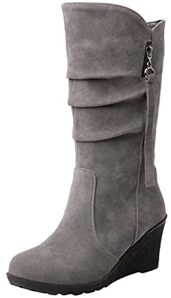 Generisch Bottes décontractées pour femmes avec talon compensé fermeture éclair latérale décorative bout rond design peluche pour l'hiver bottes moyennes confortables bottines classiques, gris, 42 EU