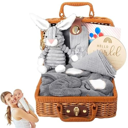Juego de regalo 7 en 1 para bebé, regalos de nacimiento, cesta de regalo para recién nacidos, niñas, niños, nacimientos, con mantas para bebé, pañuelo triangular, peluches, tarjetas de felicitación