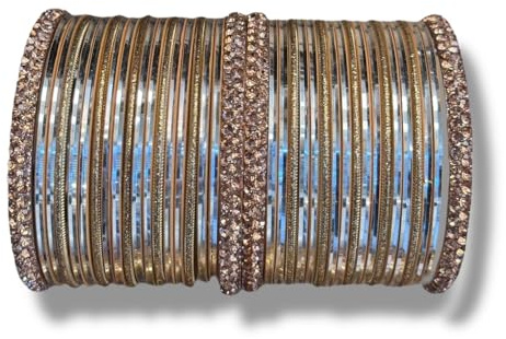CHOHAN'S Traditional Indian Crystal Bangle Set for Women – 4 Metal Bangles + 10 Mixing + 24 Coloured Churi Bangles – Ethnic Bridal & Festive Jewellery Set – Lightweight & Durable (Rose Gold, S(2.4))