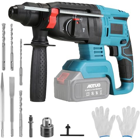 2,5J Akku Bohrhammer Set, Bürstenloser Bohrhammer Kompatibel mit Makita 18V BL Series Battery, mit 3 Bohrer SDS-Plus & 2 Meißel, Anti-Vibrationsgriff für Beton, Metall und Holz(Ohne Akkus)