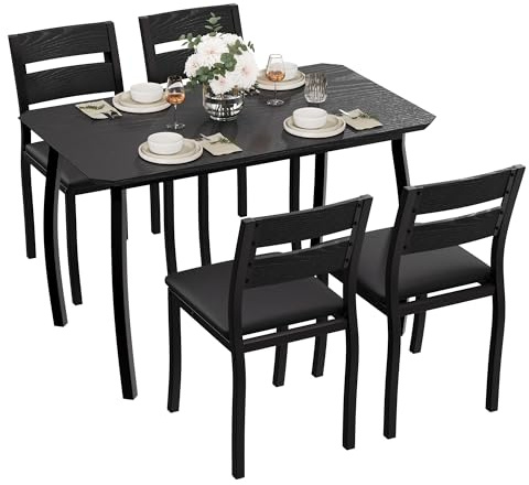IDEALHOUSE Dining Table Set for 4 Modern Kitchen Table and Chairs Set with Chamfered Edges Cushioned Seats Space-Saving Metal Frame Compact Breakfast Nook (Soft Seat Black Tube + Black)