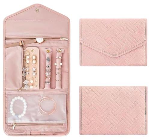 Androxeda 1 Rotolo per Gioielli Pieghevole, Organizer Portatile e Morbido con Tasche, Borsa Da Viaggio per Collane, Bracciali, Orecchini e Anelli