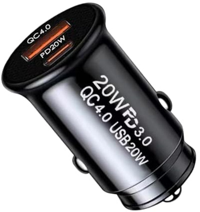 Presa accendisigari - Doppia USB A + Tipo C Ricarica rapida, Caricabatteria per auto - Adattatore di ricarica rapida QC4.0 PD 20 W | lega di alluminio, 4,3x2,3x2,3 cm 11 g
