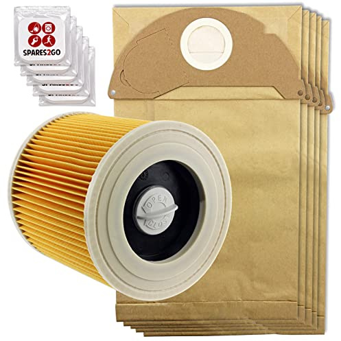 SPARES2GO Filter Bags Set compatible with Karcher IPX4 MV2 WD2 Wet & Dry Vacuum (Pack of 5 Dust Bags, 1 Filter, 5 Freshener)