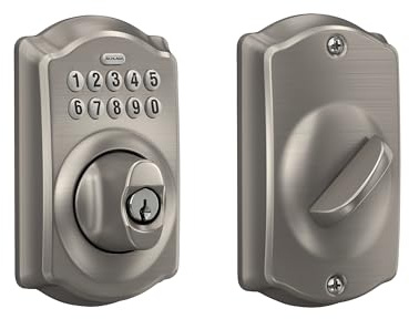 Schlage Camelot Electronic Keypad Deadbolt Lock, Keyless Front Door Entry, Mechanical Key Backup Included, Satin Nickel, BE365 V CAM 619