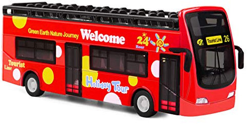 YIJIAOYUN Roter Bus, Spielzeugauto mit öffnenden Türen, Spielzeugbus mit Lampen und Musik,Offenes Dach Autobus