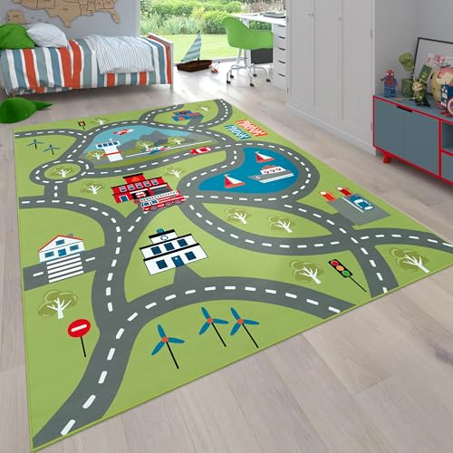 Paco Home Tappeto per bambini, Tappeto da gioco per camere dei bambini, Con motivo stradale, In verde, Dimensione:140x200 cm