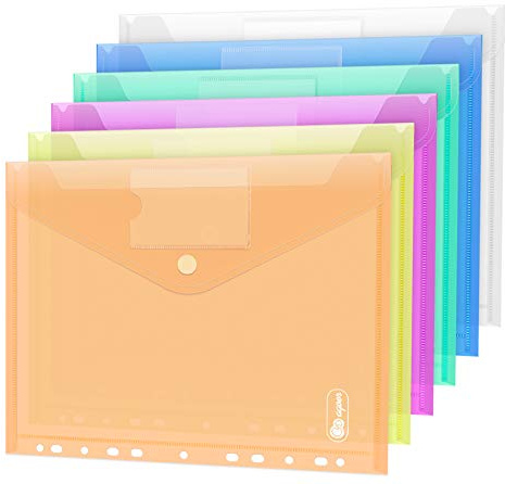 24 Pack Plastic Wallets A4, Multiple Colors Ddocument Wallets,A4 Clear Popper Wallet, Envelopes Wallet Folders with Pocket/Hook and Loop Closure, 11 Hole Ring Binder Punched Plastic Folder