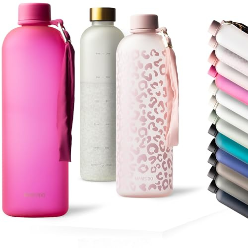 MAMEIDO dricksflaska 1,5 l, kolsyra lämplig, läckagesäker dricksflaska med tidsmarkör som drickspåminnelse, vattenflaska BPA-fri för sport (Glow Couture)