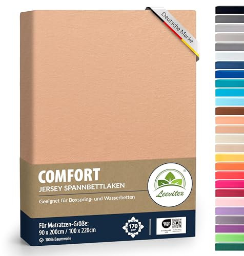 leevitex® Premium Spannbettlaken 90x200-100x220 cm - 40 cm Steg - auch für Boxspringbett & Wasserbett | 100% Mako-Jersey-Baumwolle | ÖKO-TEX | 170g/m² | Leinen/Apricot