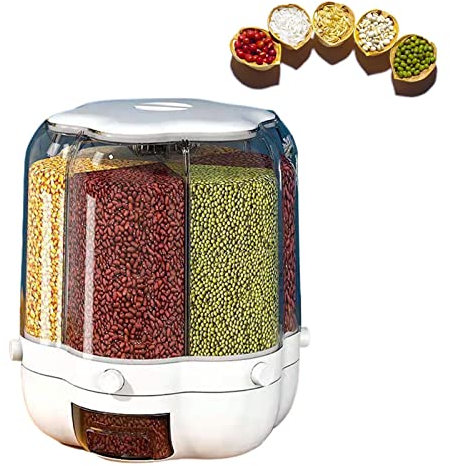 Ruilonghai 6-Grid Dry Food Container, Cereal Dispenser Countertop, Grain Rice Cereal Rotating Container, Round Transparent Rice Bucket, Visible, 10.6x10.6x10.2in/10.6x10.6x12.6in