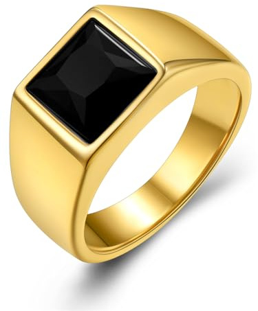 GoldChic Männer Ring Gold Edelstahlring Siegelring mit schwarzem Stein Eheringe 59mm Verlobungsring Zirkonia Ring Accessoires Modeschmuck