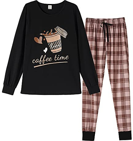 VENTELAN Damen-Schlafanzug, niedlicher Weihnachtsbär, Nachtwäsche, langärmelig, gestreift, Loungewear, Plaid Coffee, XL