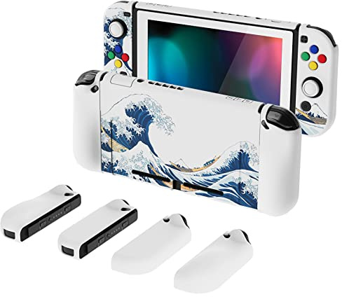 PlayVital Hülle für Nintendo Switch Konsole Joycon, Case Zubehör für Switch | Schutzhülle für Joycon, Ergonomische Grip Cover mit Schutzfolie&Joystick Kappen, AlterGrips, Die große Welle