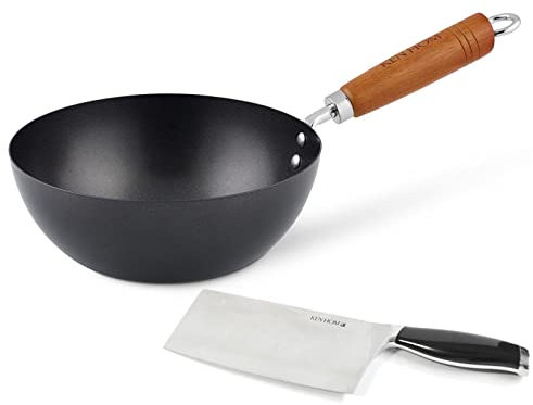 Ken Hom Mini Wok 20 cm mit Holzgriff - Karbonstahl Wokpfanne für Gas, Elektro & Glaskeramik nicht induktionsgeeignet - Antihaft Stielwok inkl. Hackmesser 18 cm