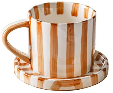 Nff Set di Tazze da caffè, Tazza in Ceramica Vintage con Manico, con Piattino Tazza da caffè A Righe Dipinta A Mano Adatta for Latte, caffè, Dessert, 250ML (Color : Brown)