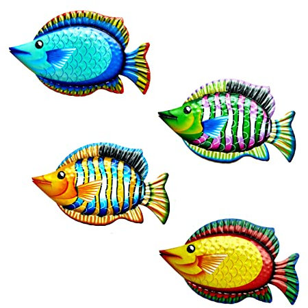 Katutude 4pcs Metall Fisch Wanddekoration, Wanddeko Fisch Metall Gartendekoration im Freien Wandkunst 3D Küste Ozean Meer Fisch Dekor für Garten Zimmer Terrasse Veranda Wand Deko