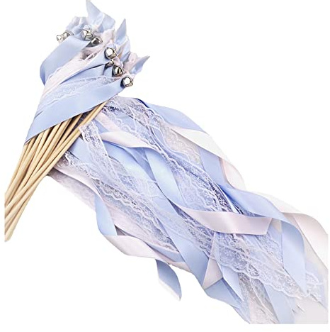 Yurosiay 30 Stück Hochzeit Zauberstäbe Mit Buntes Satinband, Weiße Spitze Luftschlangen Feenstäbe Glücksstäbe Mit Glöckchen für Party, Blau