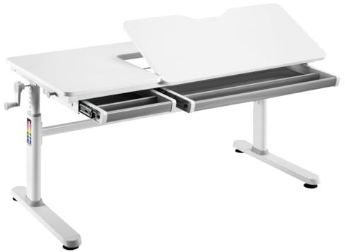 HOKO Kinderschreibtisch Höhenverstellbar, Schreibtisch Kinder 120x60 cm, Kinderschreibtische Kinder ab 6 Jahren, Neigbare Tischplatte mit Schubladen, Verstellbar 54-76cm (Weiß, ELIN)