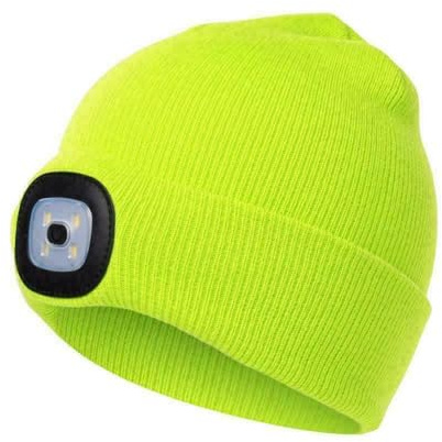 Mr. Gadget's Solutions Gorro de punto con luz LED, manos libres, 4 faros LED para camping, correr, caminar, fluorescente, amarillo, Neon Yellow, Talla única