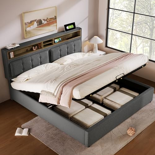 Kehun Polsterbett Doppelbett 140x200, Stauraumbett mit Kopfteil-USB C und Stauraum, Hydraulisches Bett Bettgestell mit Lattenrost aus Holz und Bettkasten, Leinen, Grau, Ohne Matratze