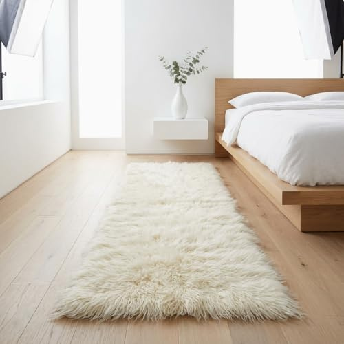 Flokati Shaggy Runner. Soft and Fluffy 3 Pile. Stylish Off White Wool Runner. (2' x 6')