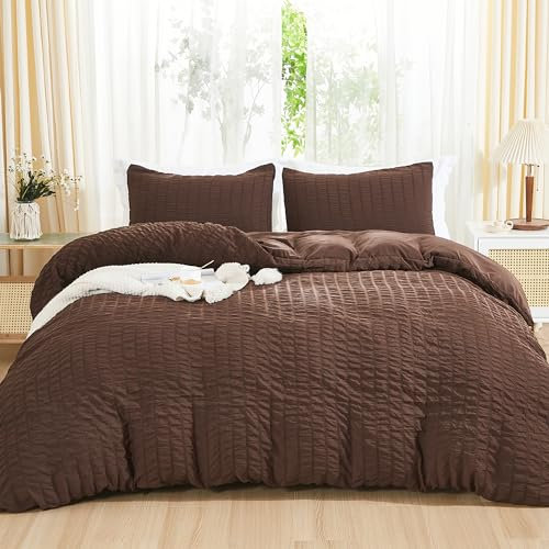 AveLom Brauner Bettbezug für King-Size-Betten (264,2 x 228,6 cm), 3-teilig (1 Bettbezug, 2 Kissenbezüge), Seersucker-Streifen-Bettwäsche-Set aus weicher gewaschener Mikrofaser, strukturiertes