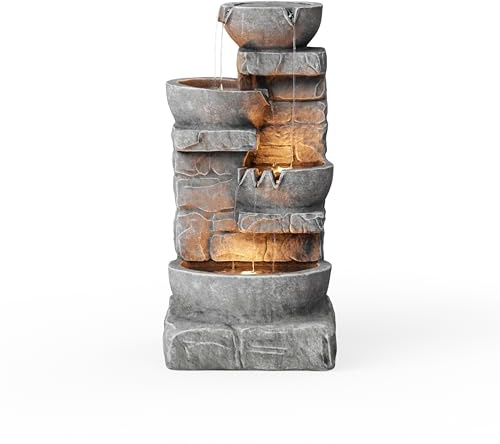 Teamson Home Cascading Bowls & Stacked Stone Outdoor Water Fountain with LED Light, Grey